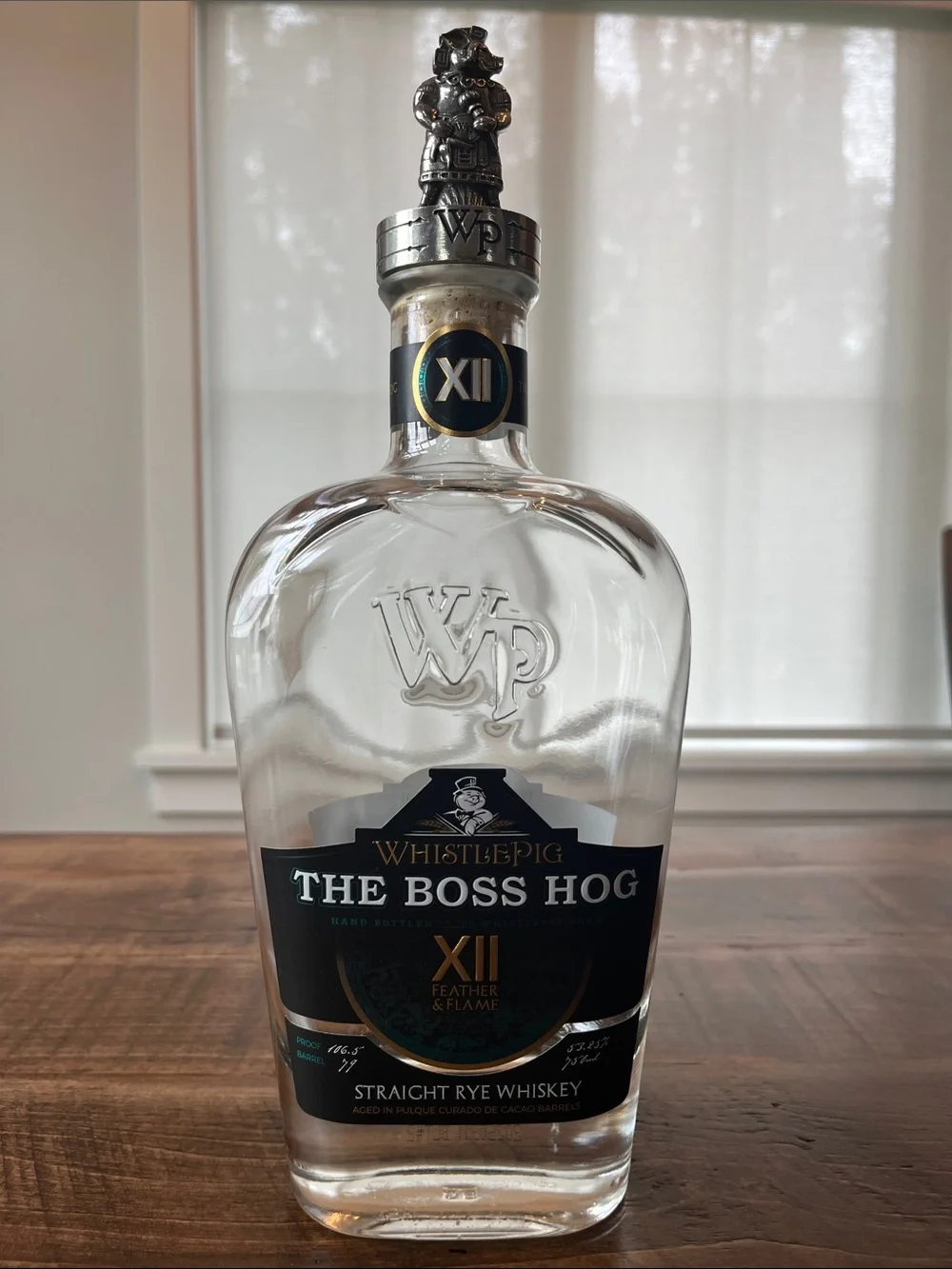 WhistlePig The Boss Hog XII Feather and Flame bottle, box and stopper